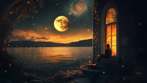 Silhouette at window overlooking moonlit lake and sky.