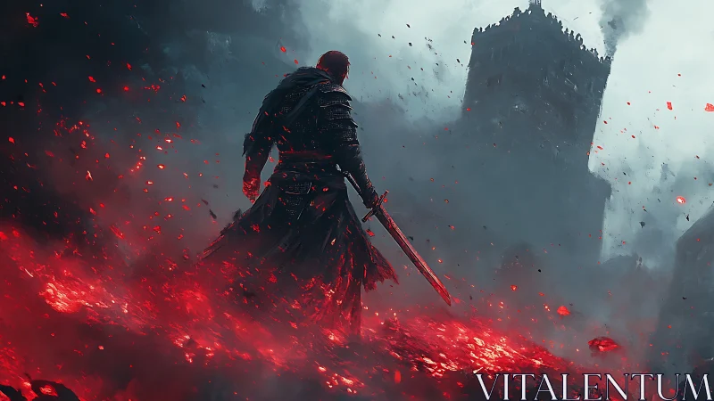 Armored figure stands in burning field before distant tower