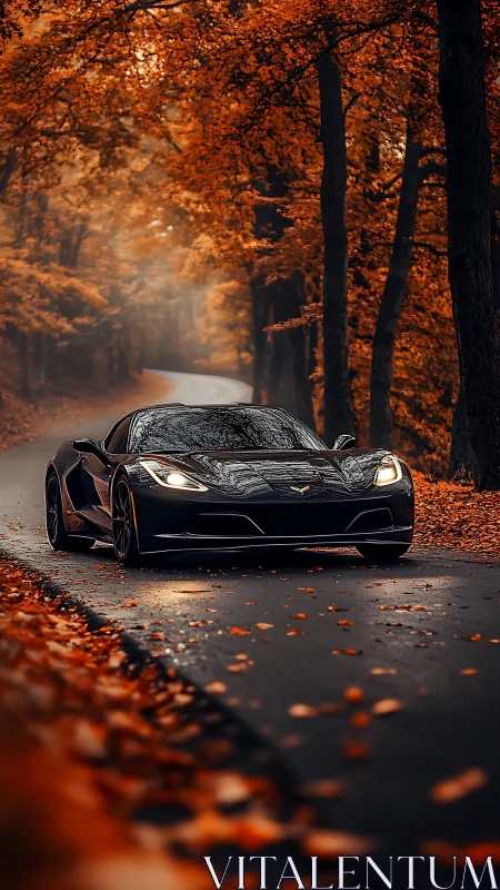 Photorealistic sports car on misty autumn forest roadway.