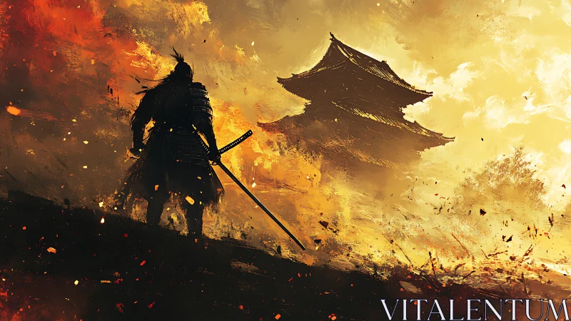 Armored samurai silhouette before burning pagoda horizon.