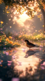 Songbird pauses in sunset-lit woodland pool with floral drift