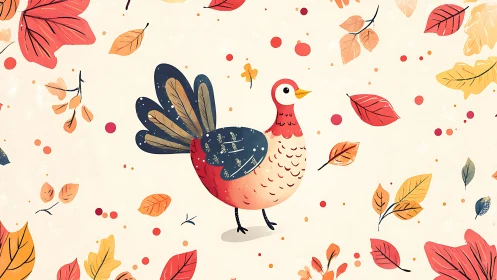 Stylized autumn bird surrounded by falling leaves and berries