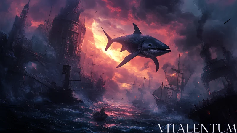 Skyborne steel shark glides over a burning storm city