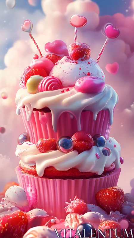 Tiered pink cupcake with candy decorations and sweets.