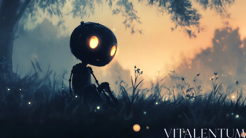 Small robot figure seated in meadow at dusk lighted horizon.