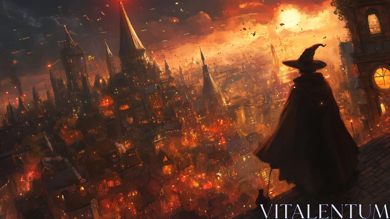 Cloaked wizard drinks in a furnace-bright spellbound cityscape