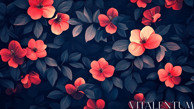 Digital Floral Composition: Red-Orange Blossoms Against Deep Navy Background