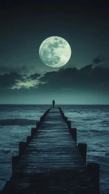 Solitary figure on pier aligned with oversized full moon