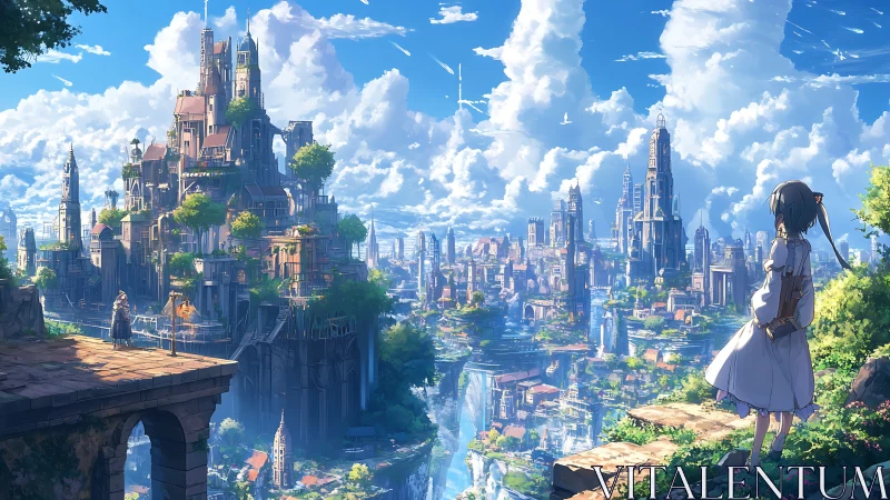 Futuristic terraced cityscape extends beneath clouded sky