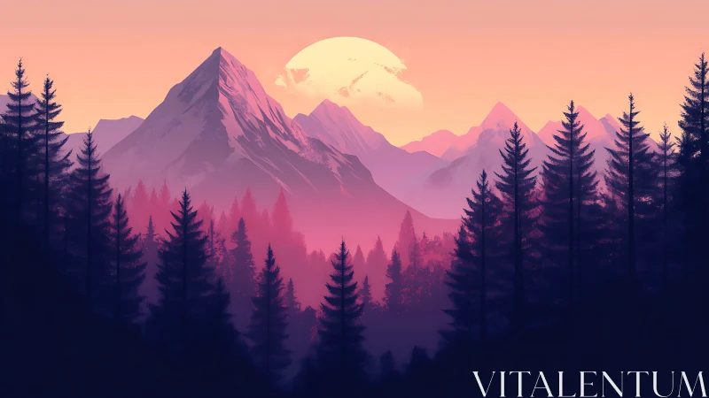 Layered alpine forest silhouettes under gradient sunset sky
