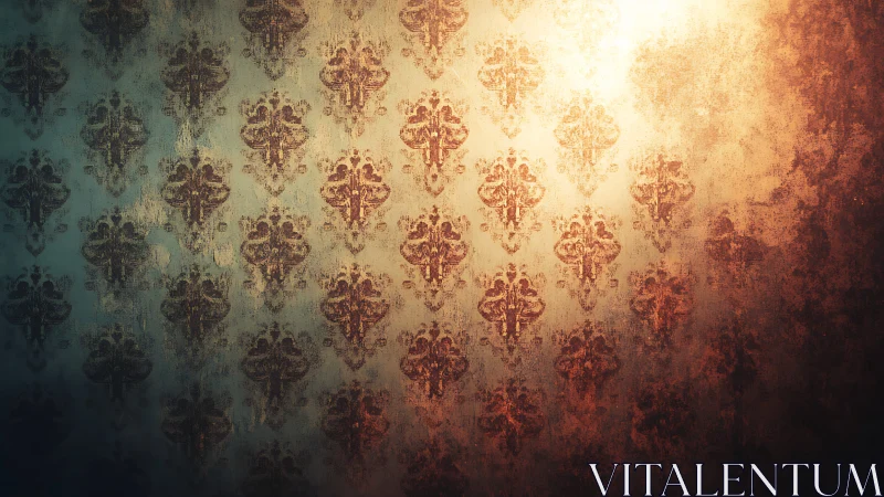 Vintage damask wallpaper glows through worn, warm light.