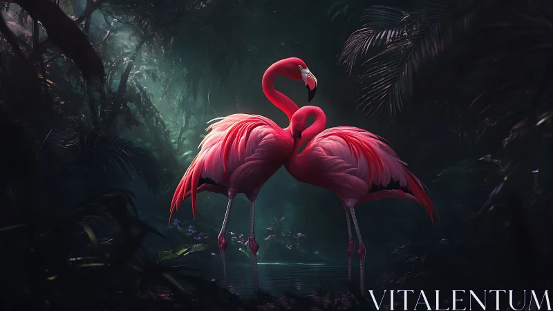 Tender flamingo pair glowing softly in a dreamy jungle.