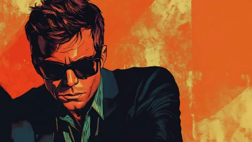 Brooding man in sunglasses stands against bold orange glow