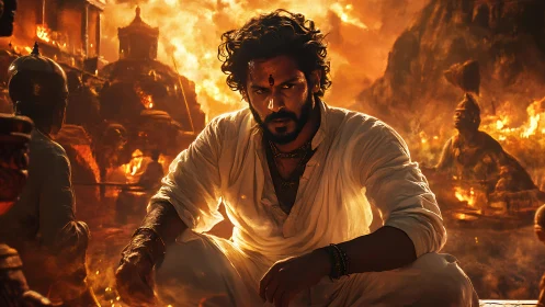 Warrior in white meditates amid burning temple ruins.
