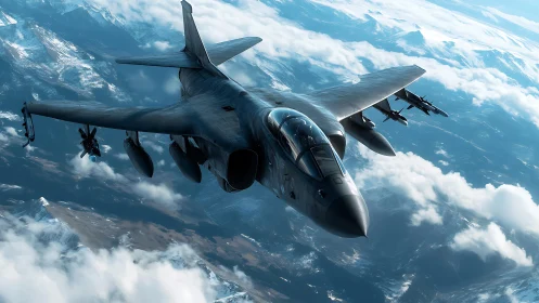 Stealth bomber squadron cutting through high alpine clouds.