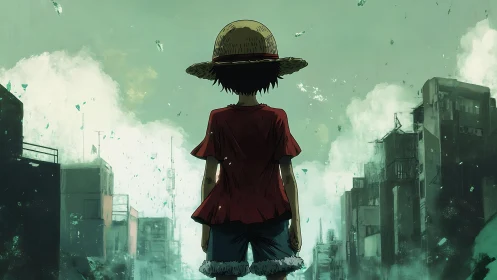 Straw hat figure facing ruined city skyline in mist.