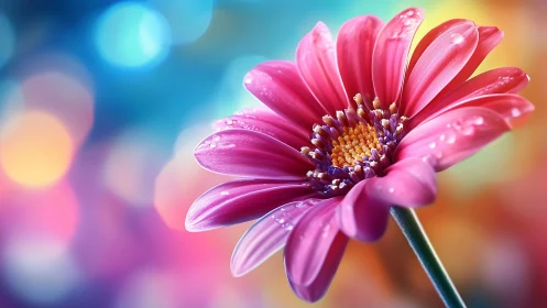 Pink Gerbera Daisy with Water Droplets Against Blurred Bokeh Background.