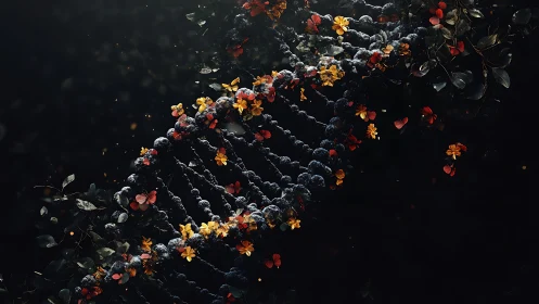 Blooming DNA helix where science twines with wild flowers.