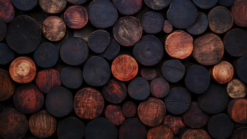 Stacked cut wood logs in a rustic, dark-toned artistic pattern.