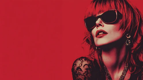 Woman in sunglasses posed against solid red background