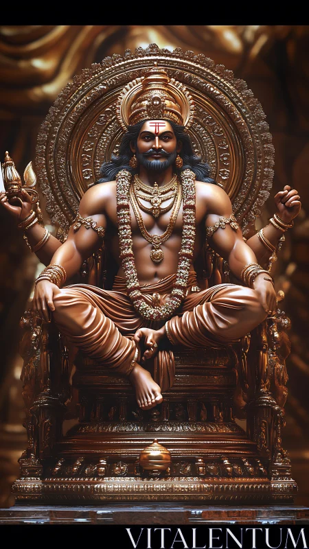 Digital render shows seated deity statue in ornate throne