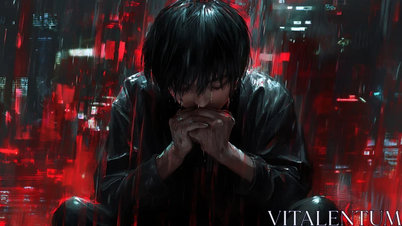 City rain folds around a lone figure burning in red static