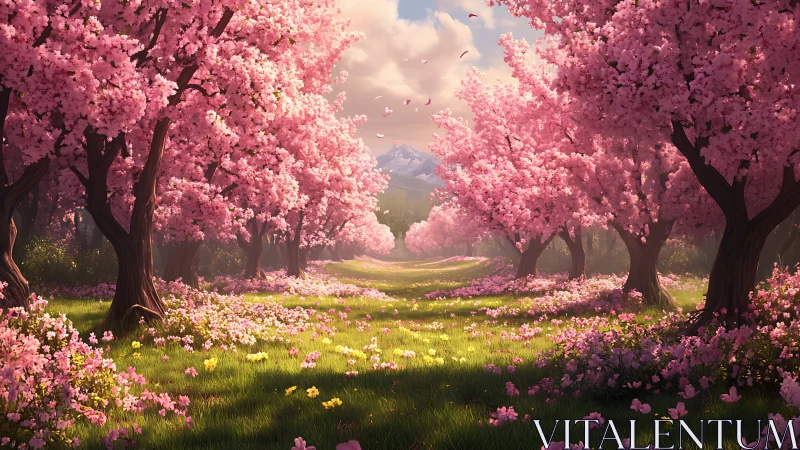 Blossoming cherry tree avenue under warm spring sunlight.