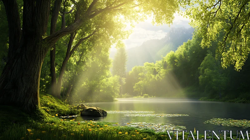 Sunlit forest lake with luminous foliage and soft misty rays.