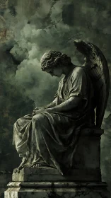 Somber stone angel rests in brooding, storm-darkened sky