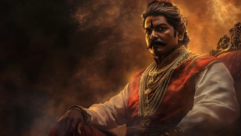 Regal Indian nobleman seated amid dramatic warm light.