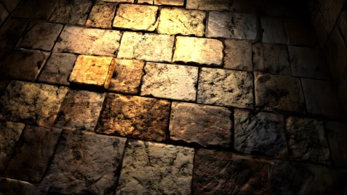 Ancient stone floor with dramatic lighting and textured details.