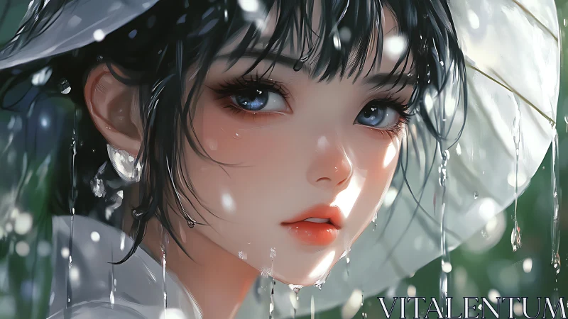 Digital close-up portrait depicts wet face under rainfall