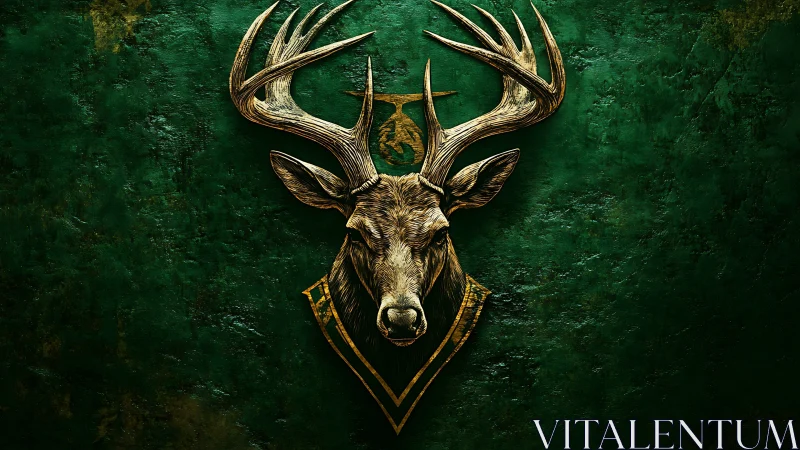 Bronze stag crest hangs centered on textured green wall