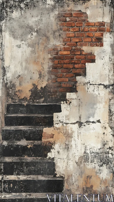 Decayed concrete stairwell intersects exposed brick masonry
