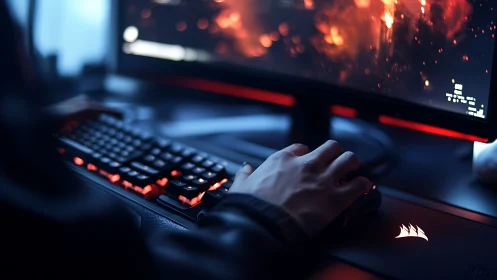 RGB backlit gaming workstation with FPS action display