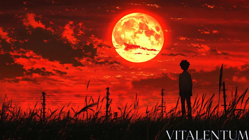 Silhouetted youth under blazing red moonlit horizon.