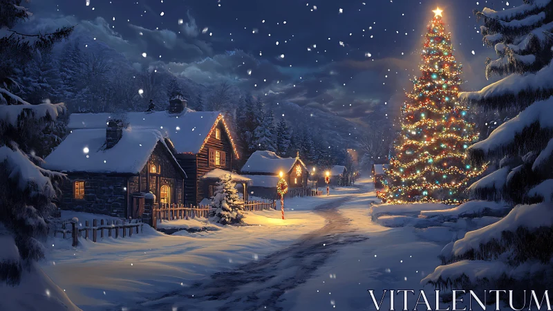 Snow covered village street with illuminated Christmas tree.