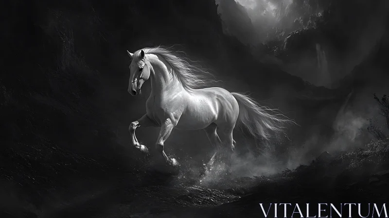 Silver stallion storms through misty monochrome canyon.