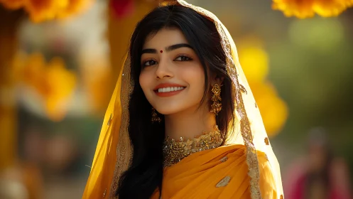 Portrait of woman in yellow sari with ornate gold jewelry.