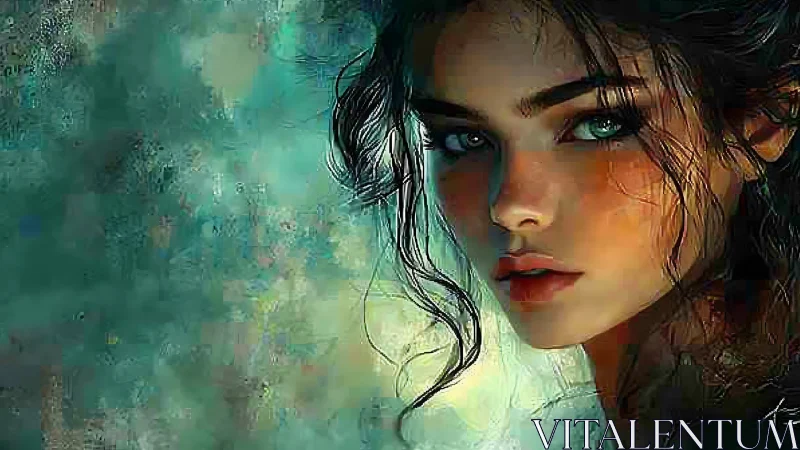 Emerald gaze portrait merges soft light and textured haze.