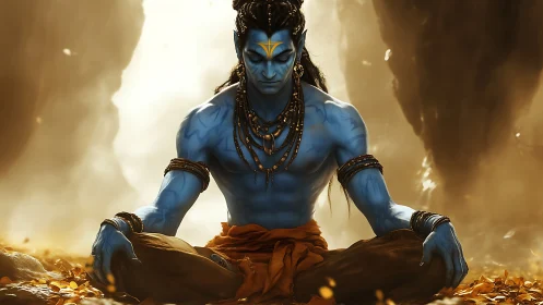 Blue ascetic deity meditating in golden backlit canyon environment