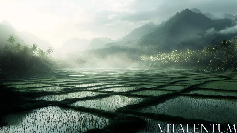 Misty terraced rice paddies beneath layered tropical highlands.