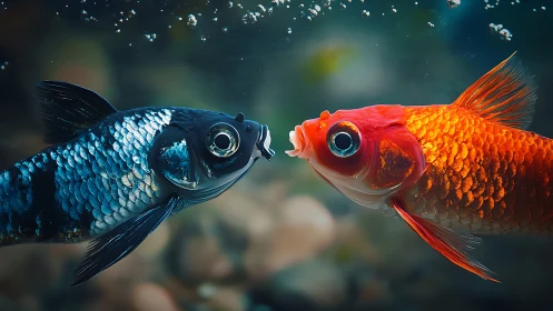 Opposite goldfish glide forward, trading a silent neon kiss