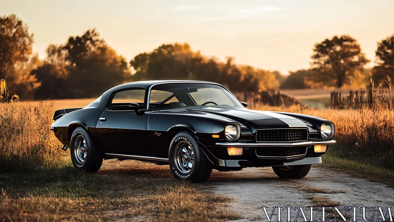 Black classic muscle car sits on rural dirt road at sunset