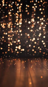 Hanging fairy lights glow softly above a warm wooden floor