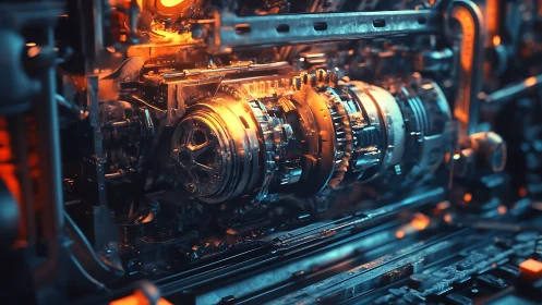 High-detail rotary fusion core rendered in neon industrial palette