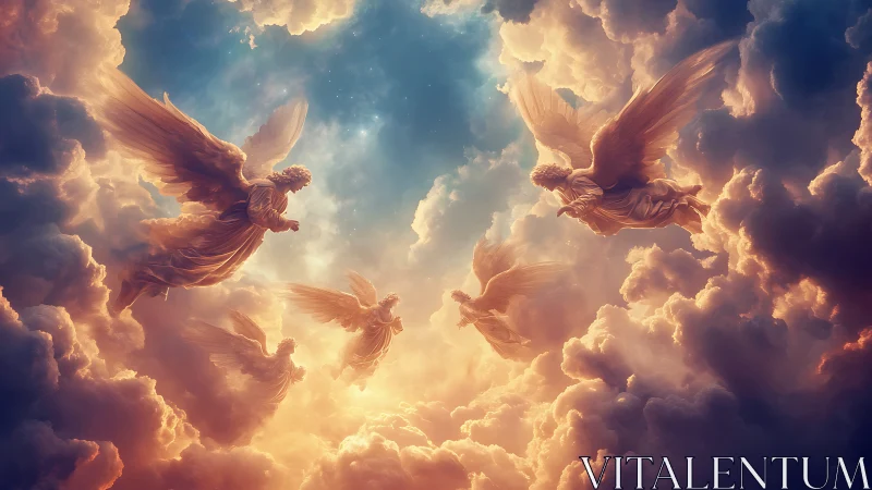 Winged robed figures suspended among dense lit clouds.