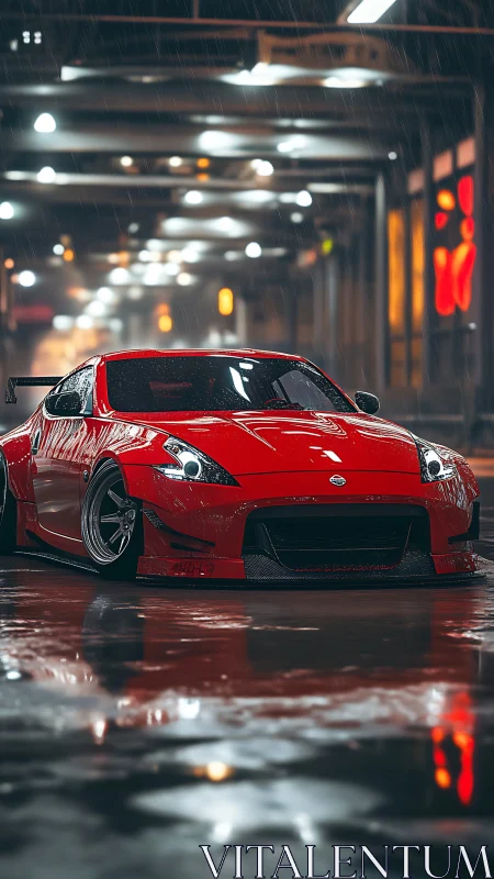 Lowered red sports car idles in a neon lit rainy street