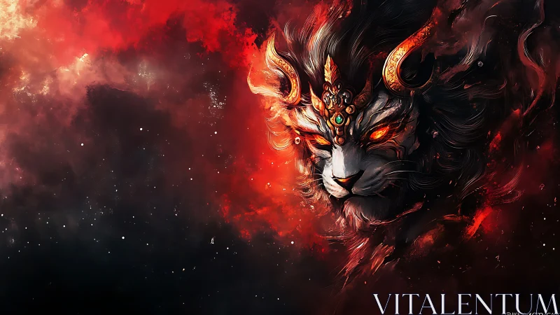 Fiery celestial lion spirit emerges from a glowing cosmic storm