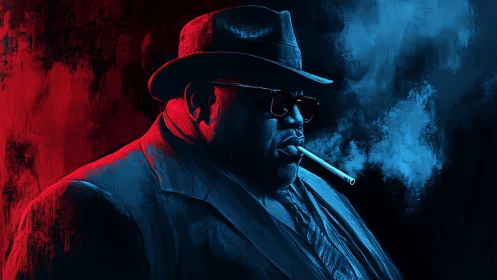 Bicolor noir portrait of smoking man in hat, red blue split